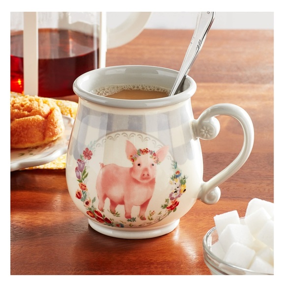 New Pioneer Woman Novelty Gingham 16-Ounce Mug “Pot Belly Mug” Gray/White - Picture 3 of 5